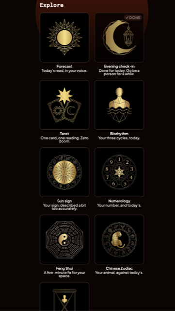 Balbina's Explore menu: Forecast, Evening check-in, Tarot, Biorhythm, Sun sign, Numerology, Feng Shui and Chinese Zodiac, each as a gold emblem on black.